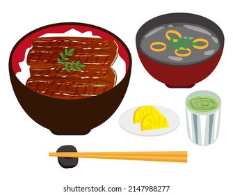  Bowl of eel and rice . Grilled eel . Eel kabayaki. Japanese food. Vector illustration.