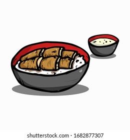 Bowl of eel and rice, Japanese traditional food, kabayaki, vector doodle arts