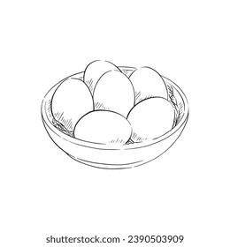 Un bol de huevos. Esbozo dibujado en línea de seis huevos en un cuenco pequeño. El vector perfecto para ser utilizado en Pascua. Dibujado a mano en Procreate usando un lápiz de Apple.