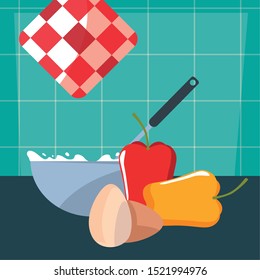 bowl eggs peppers cooking food preparation kitchen wall vector illustration