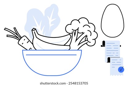 El tazón lleno de zanahoria, plátano, brócoli y verduras de hoja verde destaca los temas de nutrición y dieta. Incluye lista de comprobación y forma ovalada abstracta. Ideal para la salud, el bienestar, la planificación de comidas, la nutrición