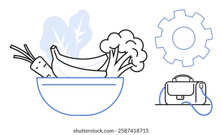 Bowl filled with carrots, bananas, broccoli, and leafy greens. Gear cog symbol and briefcase beside bowl. Ideal for nutrition, healthy eating, work-life balance, productivity, wellness, office