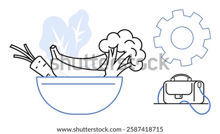 Bowl filled with carrots, bananas, broccoli, and leafy greens. Gear cog symbol and briefcase beside bowl. Ideal for nutrition, healthy eating, work-life balance, productivity, wellness, office