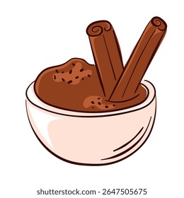 Bowl filled with cinnamon powder and stick in flat style isolated on white background. Perfect for spice, herb, cooking and recipe book design.