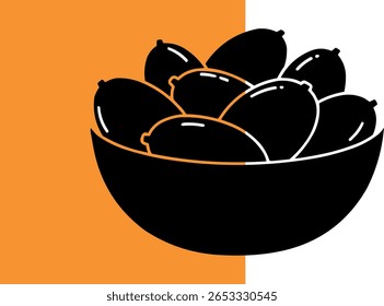 A bowl filled with dates fruit in black and white silhouette illustration