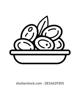 Bowl filled with dates and leaves, representing traditional food and natural sustenance, often associated with Ramadan.