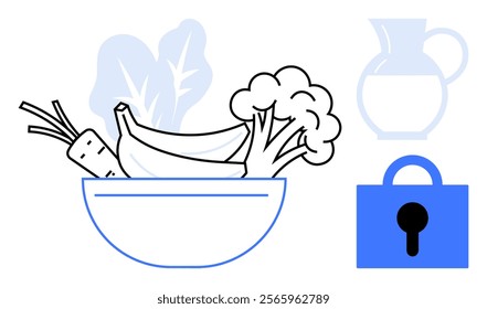 A bowl filled with fruits and vegetables beside a pitcher of water and a padlock icon Ideal for nutrition, food safety, healthy lifestyles, protection of food sources, and diet transparency Simple