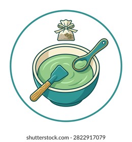 A bowl filled with green herbal mixture for spa treatment with a wooden spoon and spatula inside.