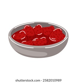 Bowl filled with strawberry jam in cartoon style. Perfect for food themed design, packaging, menu.