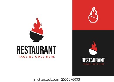 Bowl and flame logo design for hot cuisine and spicy food restaurant concept symbol illustration