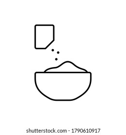 Bowl with flour and bag for instant yeast instruction. Dry bakery yeast or baking powder use linear icon. Black simple illustration of cooking. Contour isolated vector pictogram, white background