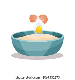 Bowl of flour and broken egg, baking Ingredients vector Illustration on a white background