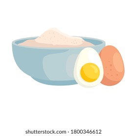 bowl of flour with eggs, vegan source of protein vector illustration design