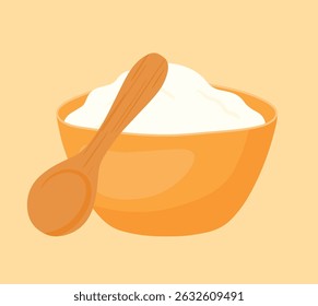 Bowl of flour with wooden spoon icon clipart for baking ingredient hand drawn vector illustration isolated