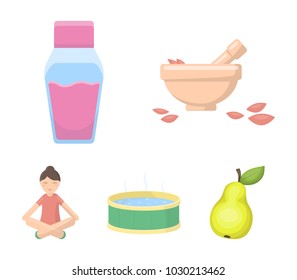 A bowl with flower petals and tolkushka, a bottle with ointment or cream, a pool with water, a woman in a yoga pose. Spa set collection icons in cartoon style vector symbol stock illustration web.