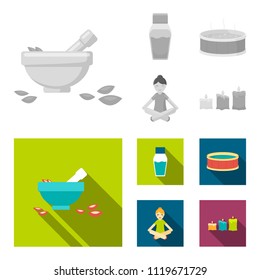 A bowl with flower petals and tolkushka, a bottle with ointment or cream, a pool with water, a woman in a yoga pose. Spa set collection icons in monochrome,flat style vector symbol stock illustration