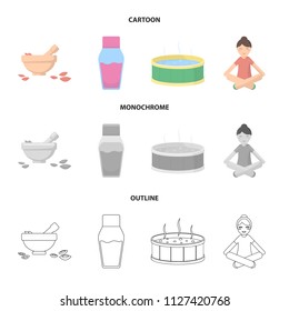 A bowl with flower petals and tolkushka, a bottle with ointment or cream, a pool with water, a woman in a yoga pose. Spa set collection icons in cartoon,outline,monochrome style vector symbol stock