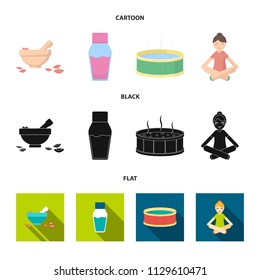 A bowl with flower petals and tolkushka, a bottle with ointment or cream, a pool with water, a woman in a yoga pose. Spa set collection icons in cartoon,black,flat style vector symbol stock