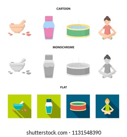 A bowl with flower petals and tolkushka, a bottle with ointment or cream, a pool with water, a woman in a yoga pose. Spa set collection icons in cartoon,flat,monochrome style vector symbol stock