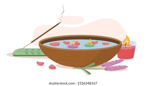 Bowl with flowers for SPA concept. Aesthetics and elegance, beauty. Relax and wellbeing, rest. Template, layout and mock up. Cartoon flat vector illustration isolated on white background