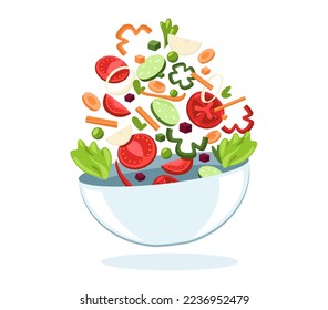 Bowl with flying vegetables. Fresh healthy meal with organic salad vegetarian food, cartoon flat organic ingredients mixed cooking dish. Vector illustration. Chopped and sliced veggies