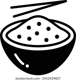 A bowl of food with chopsticks on top. The bowl is filled with rice and has a lot of small dots