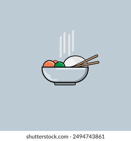 A bowl of food with chopsticks and steam rising from it. The bowl is filled with various food items, including carrots, and the steam suggests that the food is hot and fresh