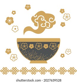 Bowl with food, dark gray with Asian-style floral decor. Flat symbol of a plate from which the golden vapor is coming. Decor with pattern and flowers. Vector art in flat minimal style. Hand drawing 