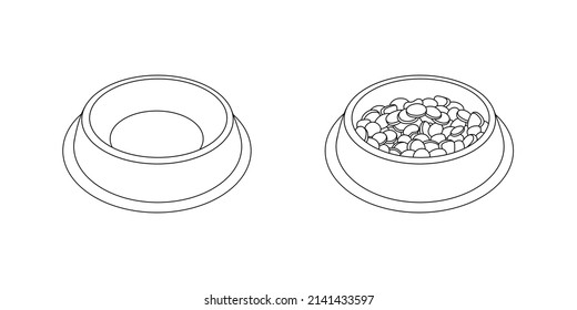 Bowl of food for feed dog and cat pet in doodle style, vector illustration. Animal bowl outline for print and design. Isolated black element on a white background. Graphic icon, snack pet symbol