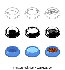 Bowl Of Food For Feed Dog And Cat Pet In Doodle, Simple, Flat Style, Vector Illustration. Animal Bowl Icon, Food And Water Dish. Set Of Isolated Elements On A White Background For Print And Design