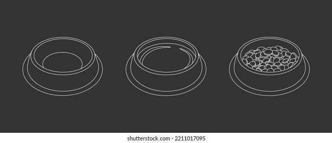 Bowl Of Food For Feed Dog And Cat Pet In Doodle Style, Vector Illustration. Animal Bowl Icon, Food And Water Dish. Set Of Isolated Elements On Chalk Board Background For Print And Design