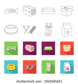 A bowl with food, a haircut for a cat, a sick cat, a package of feeds. at set collection icons in outline,flet style vector symbol stock illustration web.