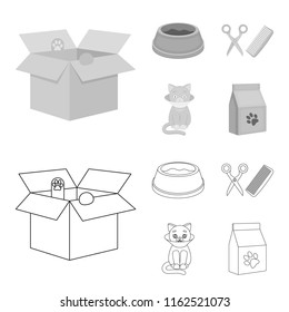 A Bowl With Food, A Haircut For A Cat, A Sick Cat, A Package Of Feeds. At Set Collection Icons In Outline,monochrome Style Vector Symbol Stock Illustration Web.