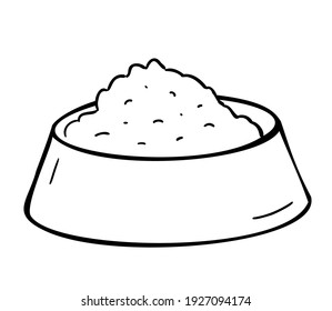 A bowl of food for pets, cats or dogs. Doodle isolated outline objects on white background.