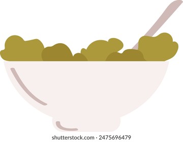 Bowl food represented simplistic art style. Green contents suggesting healthy meal, complemented spoon. Pastel colors give soft friendly vibe illustration