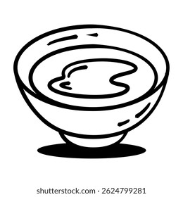 Bowl of food is shown in a black and white drawing. The bowl is filled with a liquid