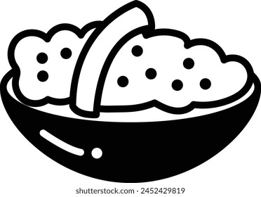 A bowl of food with a spoon in it. The bowl is black and white in the concept of Asian food