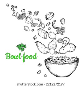 A bowl of food. Vegetarian salad with tomatoes, avocado, tofu, quinoa, beans, yams, paprika. Black white vector illustration on white background, handdrawn,Isolated,For menus,labels,restaurant designs