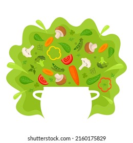 bowl with food in which fresh vegetables fall. Natural products for healthy eating. vegan menu. vector illustration