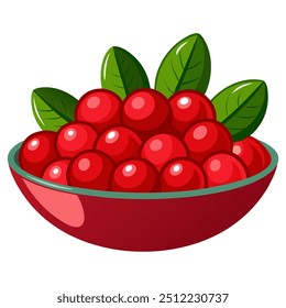 A bowl of fresh cranberries with green leaves on a white background