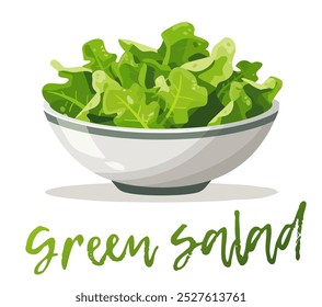 Bowl of fresh, green salad vector icon isolated on white background, variety of lettuce and leafy greens. Cartoon design of natural beauty and health benefits of vegetables