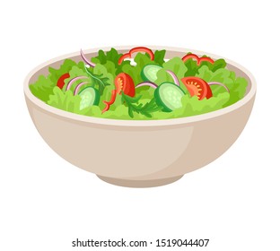 The Bowl With Fresh Green Vegetarian Salad Mix Vector Illustration