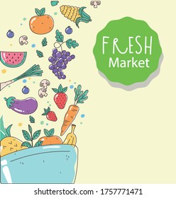 bowl fresh market organic healthy food with fruits and vegetables vector illustration