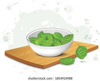 a bowl of fresh mint leaves with a wooden chopping board