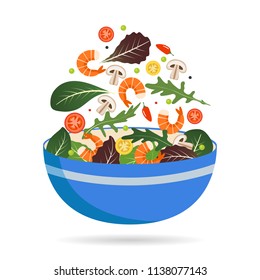 Bowl of fresh mix of salad leaves, vegetables and shrimp. Arugula, tomatoes, paprika, peppers and mushrooms. Vector illustration