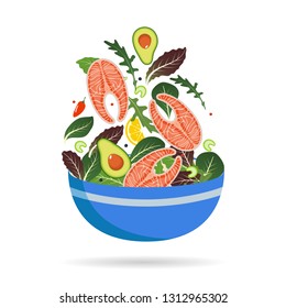 Bowl of fresh mix of salad leaves, vegetables and salmon. Arugula, lemon, avocado and peppers. Vector illustration.