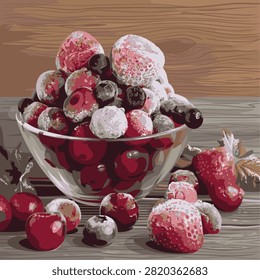 Bowl of fresh mixed berries dusted with powdered sugar on a rustic wooden table