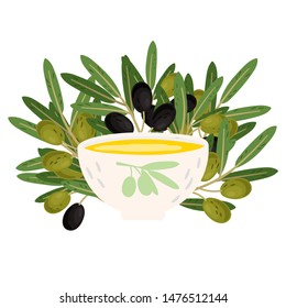 Bowl with fresh olive oil and olives branches vector illustration