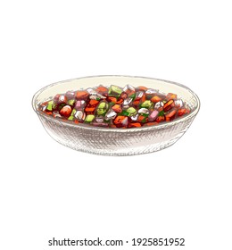 Bowl with fresh pico de gallo. Vector vintage hatching color illustration. Isolated on white background. Hand drawn design