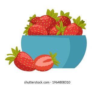 Bowl with fresh sweet strawberries isolated on white background.  Fresh, organic berries. Healthy and beneficial product. Gardening or horticulture concept. Vector illustration.